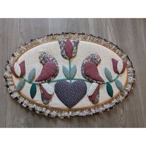 Handmade Oval Quilted Wall Hanging With Birds Flowers & Heart Design Ruffled Lac